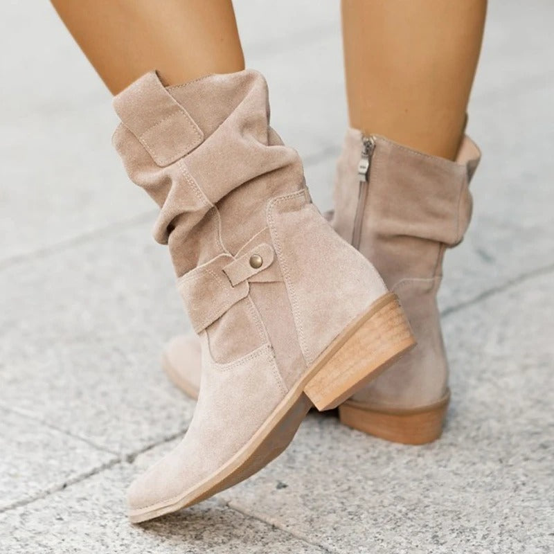 Camille Garnier Suede Slouch Ankle Boots Soft Taupe Leather Mid Heel